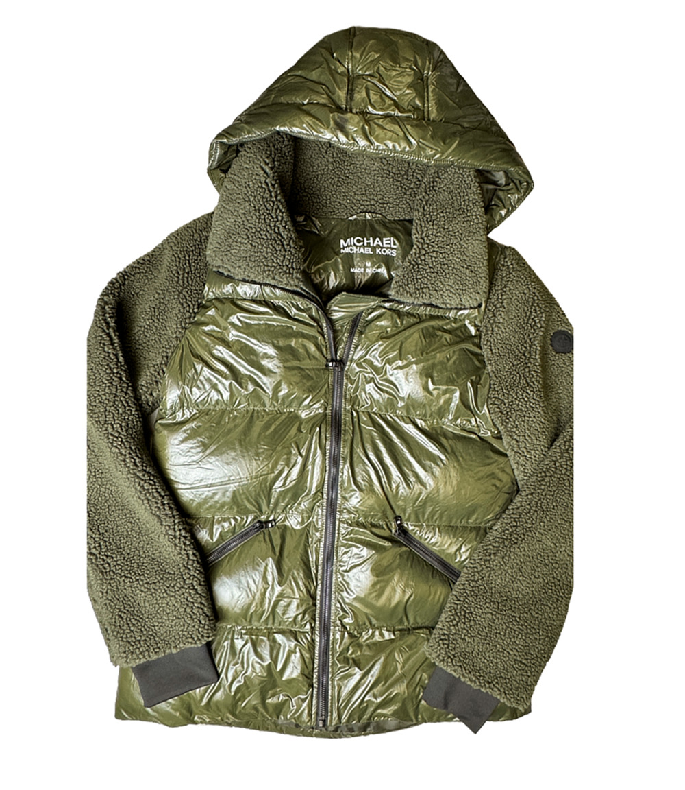 Michael Kors Women's M Olive Green Sherpa Sleeve Hooded Quilted Puffer Jacket